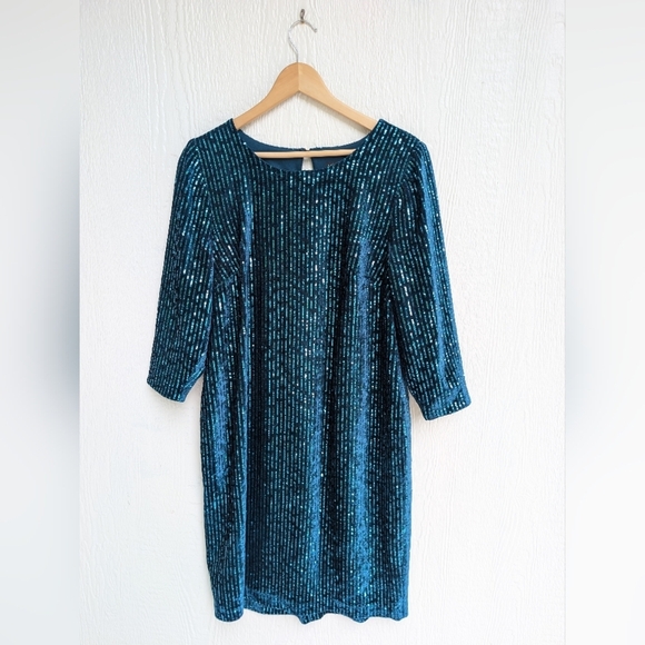 Lane Bryant Sequin Turquoise 1/2 Sleeve Bodycon Cocktail Party Holiday Dress 12 - Picture 1 of 4